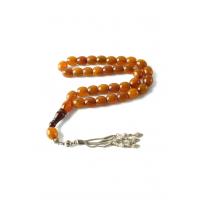 Çubuk Malzeme, Sarı, Sıkma Kehribar, 4 Saçaklı 925 Ayar Gümüş Püsküllü Tesbih