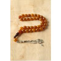 Çubuk Malzeme, Sarı, Sıkma Kehribar, 4 Saçaklı 925 Ayar Gümüş Püsküllü Tesbih